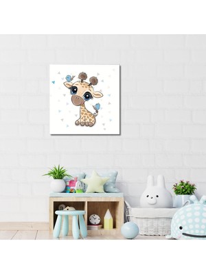 GülsenArt Dekoratif Kare Kanvas Çocuk Odası Kuşlar ve Sevimli Zürafa Tablosu Hd Dijital Baskı