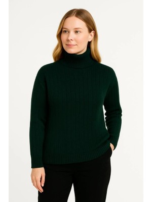 Balıkcı Yaka Bağazlı Triko Kazak Pamuklu Kalın Fitilli Dokuma - Haki