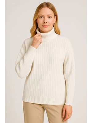 Kadın Balıkcı Yaka Bağazlı Triko Kazak Pamuklu Kalın Fitilli Dokuma - Beyaz