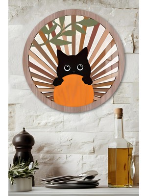 KutuTR 3D Görünümlü Temperli Cam Tablo – Siyah Kedi ve Turuncu Küre Duvar Süsü Uv Baskı 33X33 CM-CDS041