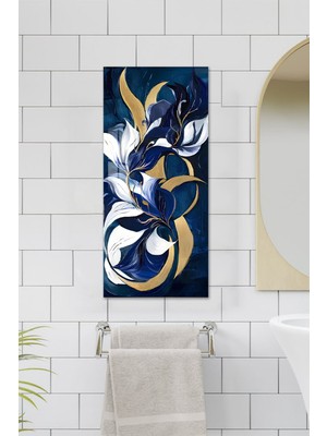 KutuTR Mavi ve Altın Renkli Soyut Çiçek Desenli Temperli Cam Dik Tablo – 30X60 cm Hd Uv Baskı - DCT019