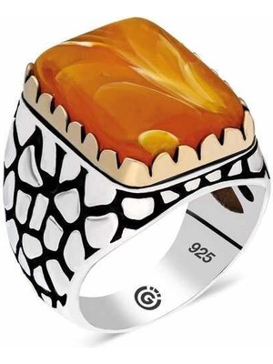 Gumush Hk ​Gümüş Erkek Yüzük Turuncu Sıkma Kehribar Taşlı Kare |Gümüş Takı Hediyelik Ürünler