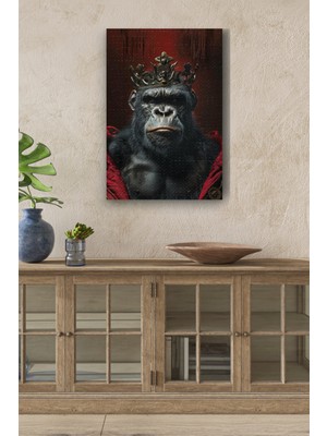 Modern Taç Takmış Goril Portre Yağlı Boya Görünümlü Hd Dijital Baskı Dikey Kanvas Tablo 5632