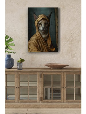 Modernist Kıyafet Giymiş Vaşak Portre Yağlı Boya Görünümlü Hd Dijital Baskı Dikey Kanvas Tablo