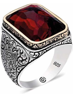 Gumush Hk Gümüş Erkek Yüzük Zirkon Kırmıızı Taşlı Kare |Gümüş Takı Hediyelik Ürünler