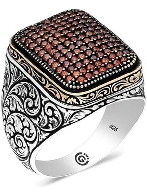 Gumush Hk Gümüş Erkek Yüzük Kırmızı Zirkon Taşlı Kare |Gümüş Takı Hediyelik Ürünler