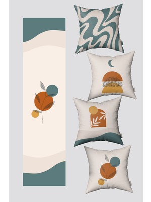 Esnaf Ali Krem Bohem Geometrik Desenli 4 Kırlent Kılıfı ve 1 Runner Seti