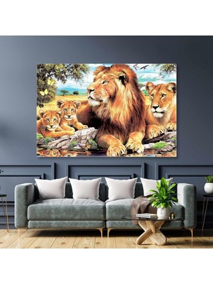 GülsenArt Doğada Aslan Ailesi Yatay Hd Dijital Baskı Kanvas Tablo Oturma Odası Dekoru