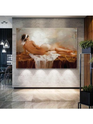 Yağlı Boya Görünümlü Boya Efektli Uzanan Nü Model Yatay Hd Dijital Baskı Yatay Kanvas Tablo
