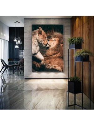 Ormanlar Kralı Aslan ve Ailesi Doğa Love Hayvan Hd Baskı Dikey Kanvas Tablo