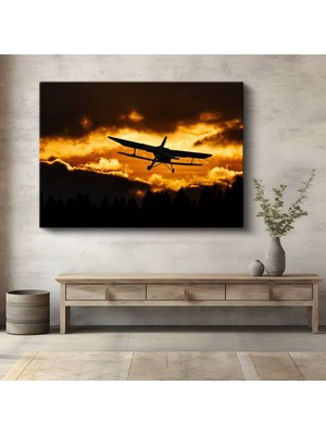 Çift Kanatlı Uçak Altın Kanvas Tablo Biplane Gökyüzü Silüet Tablo