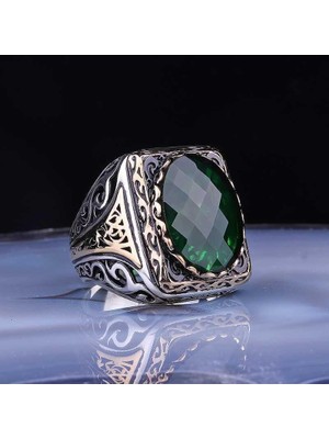 Gumush Hk Gümüş Erkek Yüzük Fasetli Yeşil Taşlı Kare |Gümüş Takı Hediyelik Ürünler