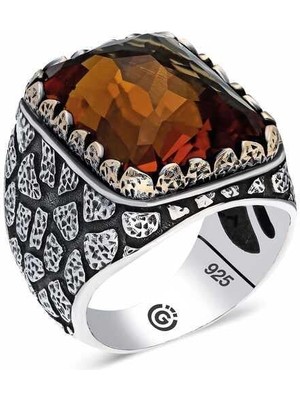 Gumush Hk ​Gümüş Erkek Yüzük Kahverengi Zirkon Taşlı Kare |Gümüş Takı Hediyelik Ürünler