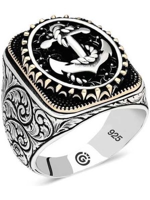 Gumush Hk Gümüş Erkek Yüzük Deniz Çapası Oval |Gümüş Takı Hediyelik Ürünler