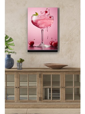 GülsenArt Pembe Kiraz Detaylı Kokteyl Yağlı Boya Görünümlü Hd Dijital Baskı Dikey Kanvas Tablo 521