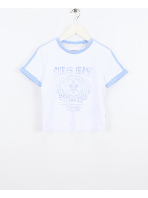 Guess Jeans Yuvarlak Yaka Baskılı Beyaz Kadın T-Shirt Guess Jeans Kadın Boxy Fit T-Shirt