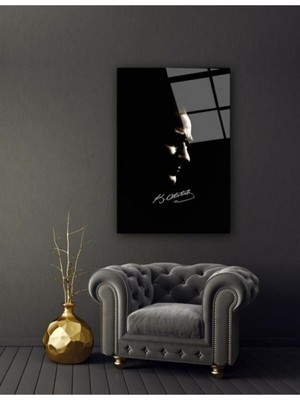 Atatürk Silüeti ve Imzası Hd Dijital Baskı Dikey Kanvas Tablo Işyeri Dekoru