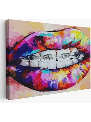 GülsenArt Diş Teli ve Renkli Dudaklar Graffti Tablosu Hd Dijital Baskı Yatay Kanvas Tablo 5356