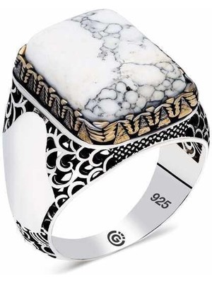 Gumush Hk ​Gümüş Erkek Yüzük Beyaz Havlit Taşlı Kare |Gümüş Takı Hediyelik Ürünler