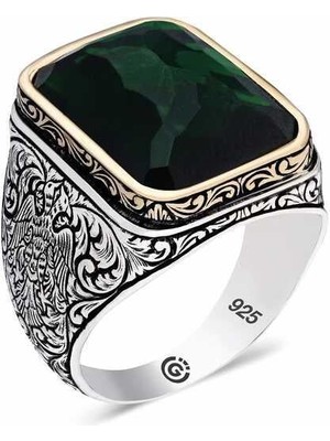 Gumush Hk Gümüş Erkek Yüzük Zirkon Yeşil Taşlı Kare |Gümüş Takı Hediyelik Ürünler