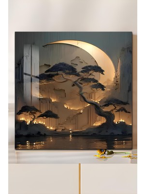 KutuTR 3D Görünümlü Temperli Cam Tablo – Ay ve Bonsai Temalı Uv Baskı 33X33 CM-CTK044