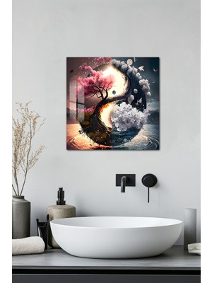 KutuTR 3D Görünümlü Yin Yang Ağaç Temalı Temperli Cam Kare Tablo 33X33 cm Uv Baskı -CTK005