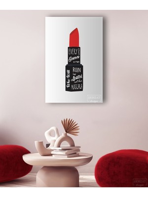 GülsenArt Kırmızı Rujlu Dekoratif Hd Dijital Baskı Dikey Kanvas Tablo Güzellik Salonu Kuaför Dekoru