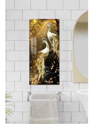 KutuTR Altın Çift Tavus Kuşu Temalı Temperli Cam Dik Tablo 30X60 cm Ebadında Uv Baskı - DCT050