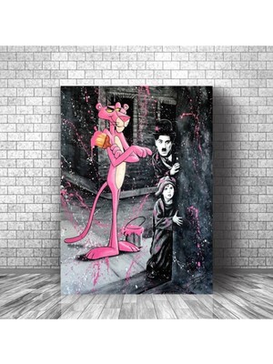 Pink Panther & Charlie Chaplin Hd Dijital Baskı Dikey Kanvas Tablo Iş Yeri Ofis Oturma Odası Dekoru