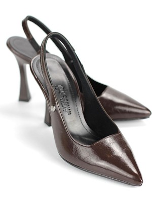 Gökhan Talay Margaret  Esnek Yumuşak Kaymaz Taban (10 Cm) Kahverengi Rugan  Açık Lastikli Kadın Kalın Topuklu Ayakkabı