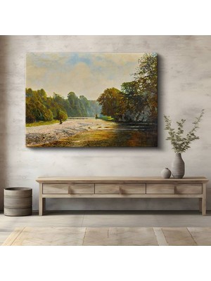 John Dearle Nehir Kıyısı Sonbahar Manzarası Kanvas Tablo Duvar Tablosu Dekoratif Ressam Tablosu