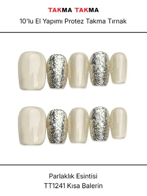 Takma Takma 10'lu Gümüş Kısa Balerin TT1241 Tekrar Kullanılabilir El Yapımı Protez Takma Tırnak - Gümüş-XS