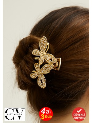 Taşlı Kelebek Tasarımlı Metal Mandal Saç Tokası Altın Renk 5 cm  – Zarif ve Işıltılı Aksesuar