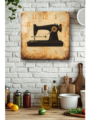 KutuTR Vintage Dikiş Makinesi Temalı Temperli Cam Kare Saat 33X33 cm Ebadında Uv Baskı - KCS093