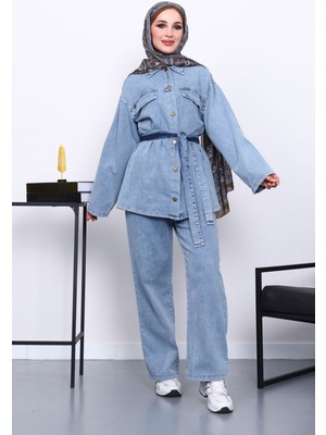 İmaj Butik Açık Mavi Bel Kuşaklı Pantolonlu Kot Takım