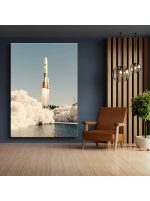 Soyuz Roketi Kalkış Beyaz Kanvas Tablo Rus Uzay Programı Aracı Tablo