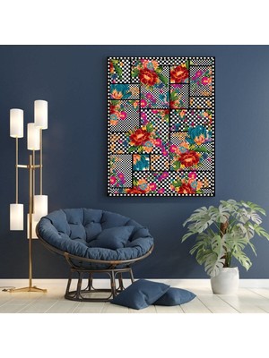 GülsenArt Hd Dijital Baskı Dikey Kanvas Tablo 885 Siyah Beyaz Floret Damalı 277 Ofis Işyeri Dekoru