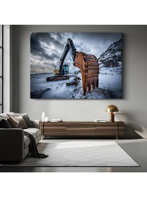 Ekskavatör Karlı Dağ Manzarası Kanvas Tablo Iş Makinesi Toprak Tablo
