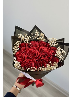 Buketim Seninle 10'lu Kırmızı Cipsolu Solmayan Gül Buketi, Sevgiliye Hediye, Saten Kurdele Çiçek