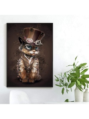 Steampunk Cat Hd Dijital Baskı Dikey Kanvas Tablo Ofis Oturma Odası Dekoru
