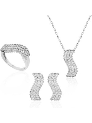 Gumush Hk Gümüş Kadın Set Beyaz Taşlı Su Yolu |Gümüş Takı Hediyelik Ürünler