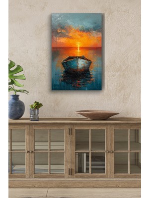 Gün Batımındaki Tekne Yağlı Boya Görünümlü Hd Dijital Baskı Dikey Kanvas Tablo 23