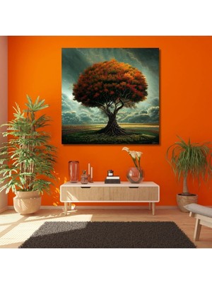 Dekoratif Kare Hd Baskı Kanvas Tablo Kaliteli Gün Batımında Hayat Ağacı