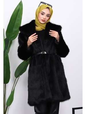 İmaj Butik Siyah Kemerli Astarlı Kürk Kaban