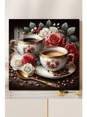 KutuTR 3D Görünümlü Temperli Cam Tablo – Gül ve Kahve Temalı Uv Baskı 33X33 CM-CTK057