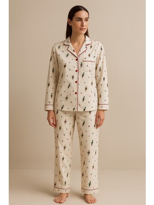 Kadın Yılbaşı Temalı Pijama Takımı Ekru