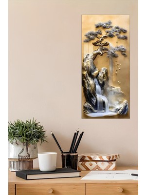 KutuTR Altın Tonlarda Dağ ve Şelale Temalı Temperli Cam Dik Tablo 30X60 cm Ebadında Uv Baskı - DCT047