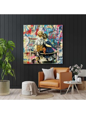 Bankta Oturan Çocuklar Sevimli Köpek Grafiti Kare Hd Baskı Kanvas Tablo