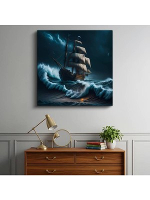 Yelkenli Gemi Fırtınalı Deniz Kanvas Tablo Okyanus Macerası Mücadelesi Tablo