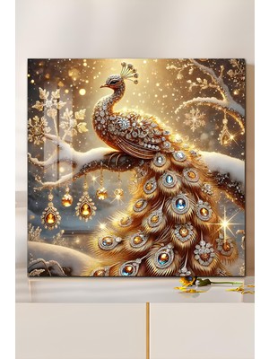 KutuTR 3D Görünümlü Temperli Cam Tablo – Altın Tavus Kuşu Desenli Duvar Süsü Uv Baskı 33X33 CM-CTK085